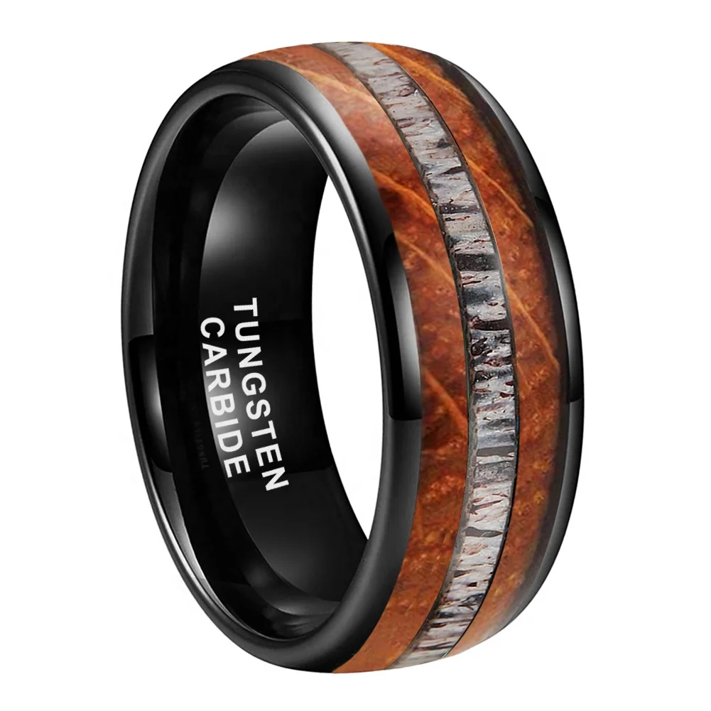 Coolstyle Jewelry 8mm Wholesale Domed Whisky Wood Deer Antler Inlay Engagement Wedding Band Black Tungsten Ring for Men Women