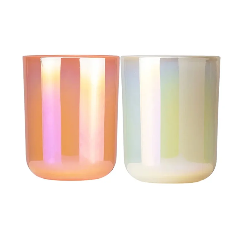 Custom 8oz 10oz 14oz Luxury Empty pink Green Yellow White Inner Color Sprayed Iridescent Glass Jars Candle Vessels