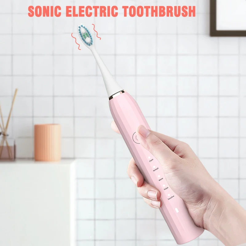 USB Rechargeable Sonic Electric Toothbrush for Adults Soft Dupont Brush Heads 2 Minutes Timer 5 Modes Electric Toothbrush