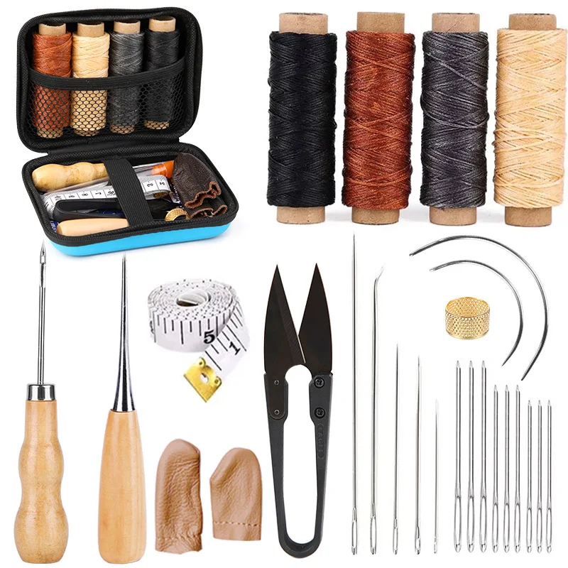 Professional Leather Craft Kit with Waxed Thread Groover Awl Stitching Punch for Leathercraft Leather Working Tools Kit