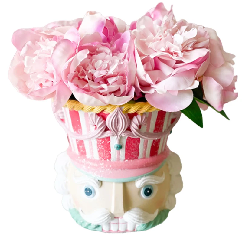 Custom Christmas kitchen luxury candy decoration centerpiece pastel resin container glitter sprinkles pink nutcracker head vase