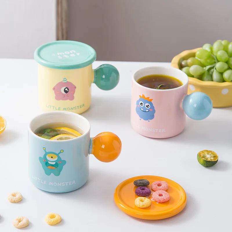 Korean Ins Style Small Monster Pattern Ceramic Coffee Cup And Saucer Unique Ball Handle Creative Colorful Mug