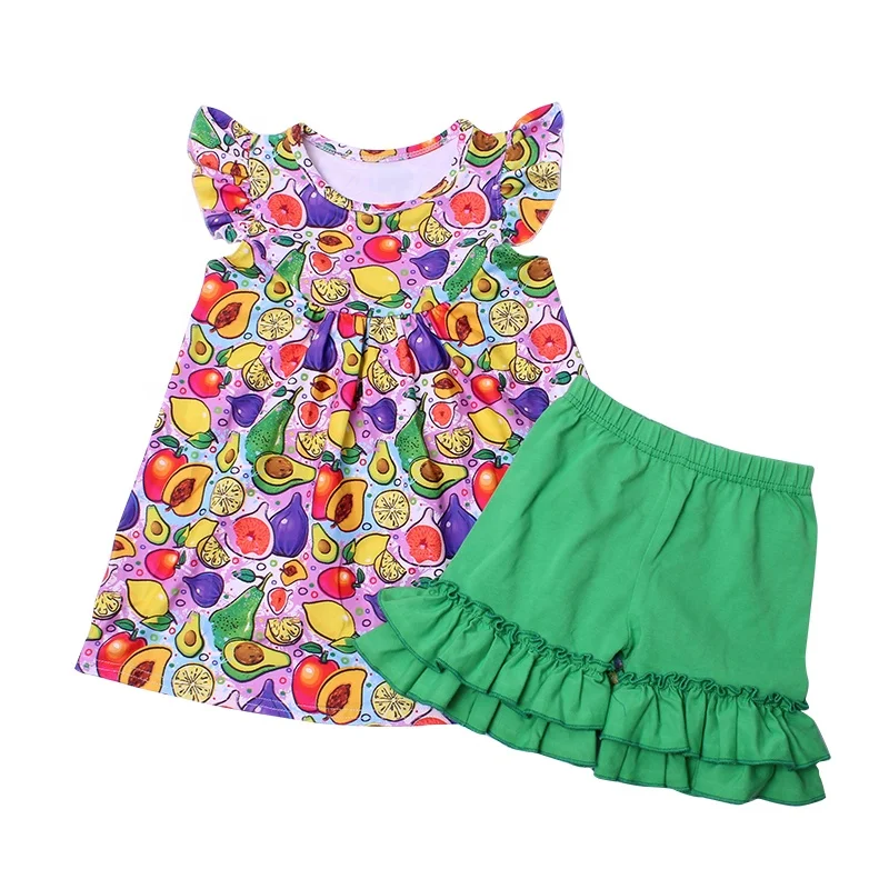 fashionable summer wholesale baby clothes mini girl dress sets for kids wear colorful fruits printed ruffle shorts outfits new