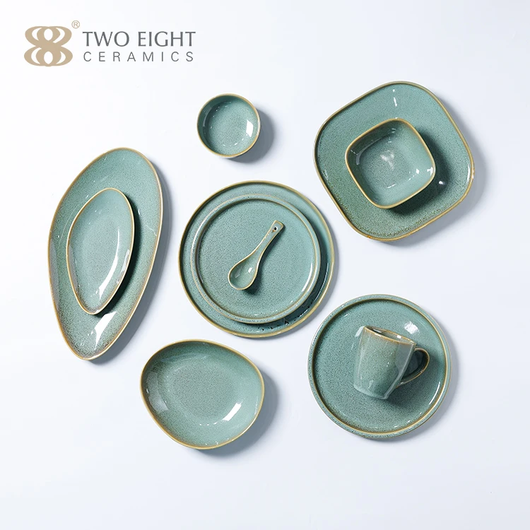 Wholesale Green Glazed Dinner Plates Sets Dinnerware Restaurant Tableware Supplier Rustic Porcelain Ceramic Dishes Plates Set