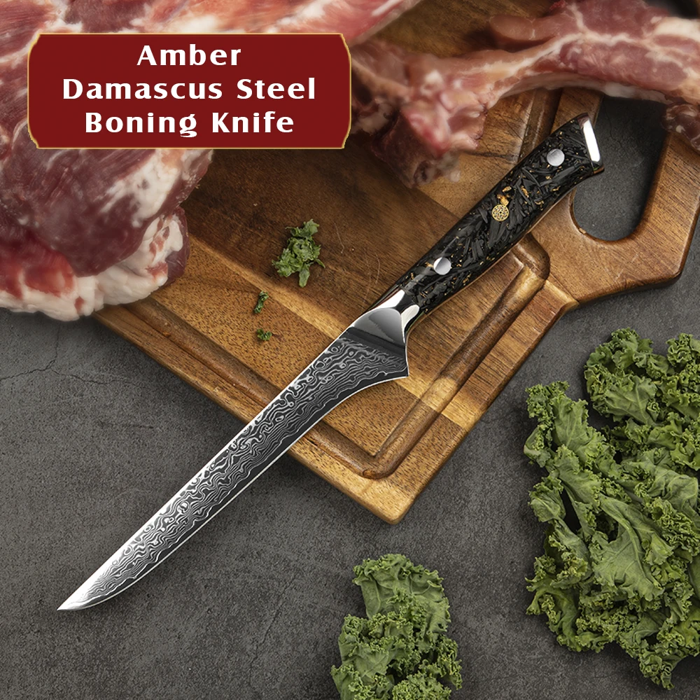 Amber Knife 67 Layers Damascus Steel Fillet Boning Knife with Carbon Fiber And Gold-foil Handle Knife