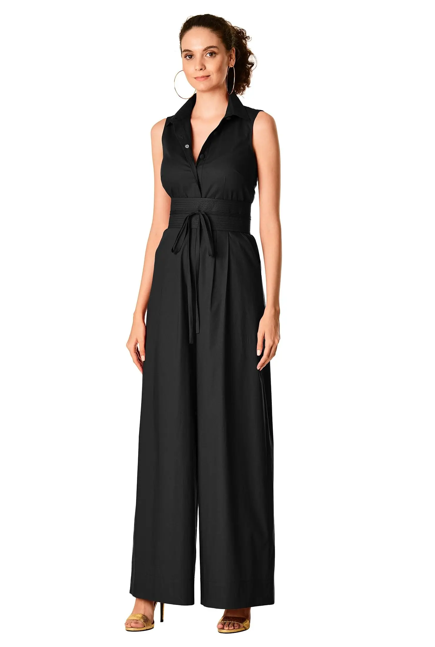 Office Ladies Design Solid Cotton Poplin Sleeveless Obi Belt Wide-legs bodycon Shirt Jumpsuit