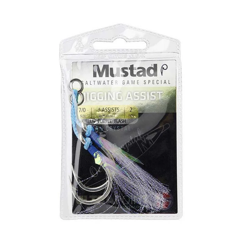 Mustad J-ASSIST5 Fast Jigging Purple Haired Ring Seamless Deep Sea Fish Hook Slow Swing Jigging Hook Pvc Box Shandong Dummy Tin