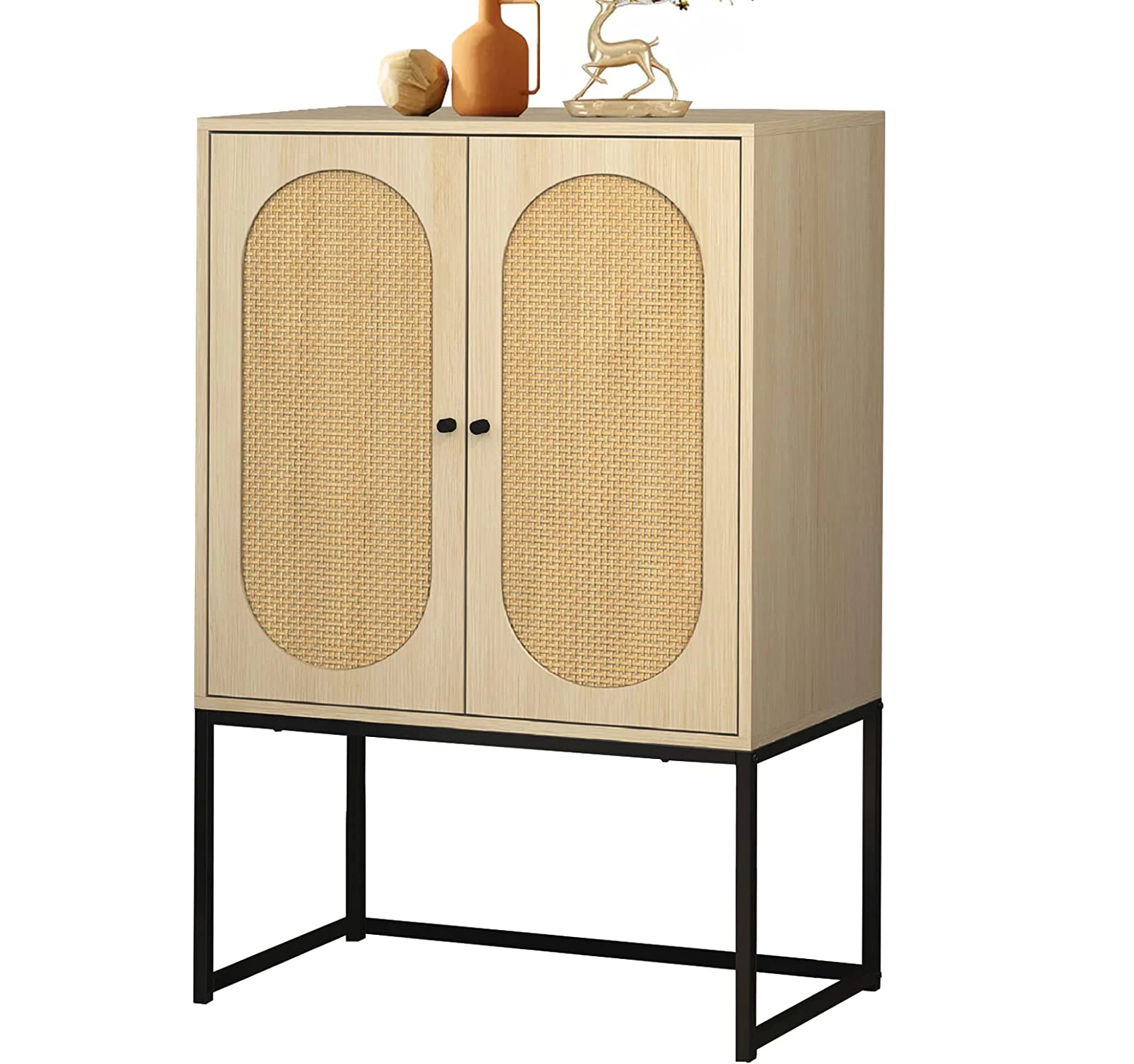 Sideboard Buffet Cabinet, Kitchen Storage Cabinet with Rattan Decorated Doors, for Dining Room, Hallway, Cup
