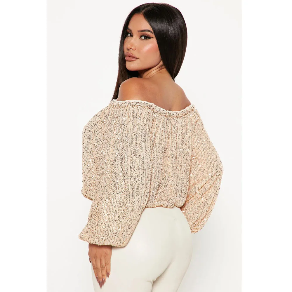 Lady Clothing 2023 Fashion Sexy Sequins Blouses Boat Neck Lantern Long Sleeve Top for Women