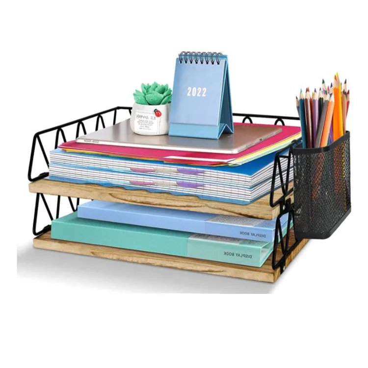 Desk Wooden Paper Tray Organizer Letter Tray Magazines Mail Organizer Wood Desk File Organizer with Pen Holder