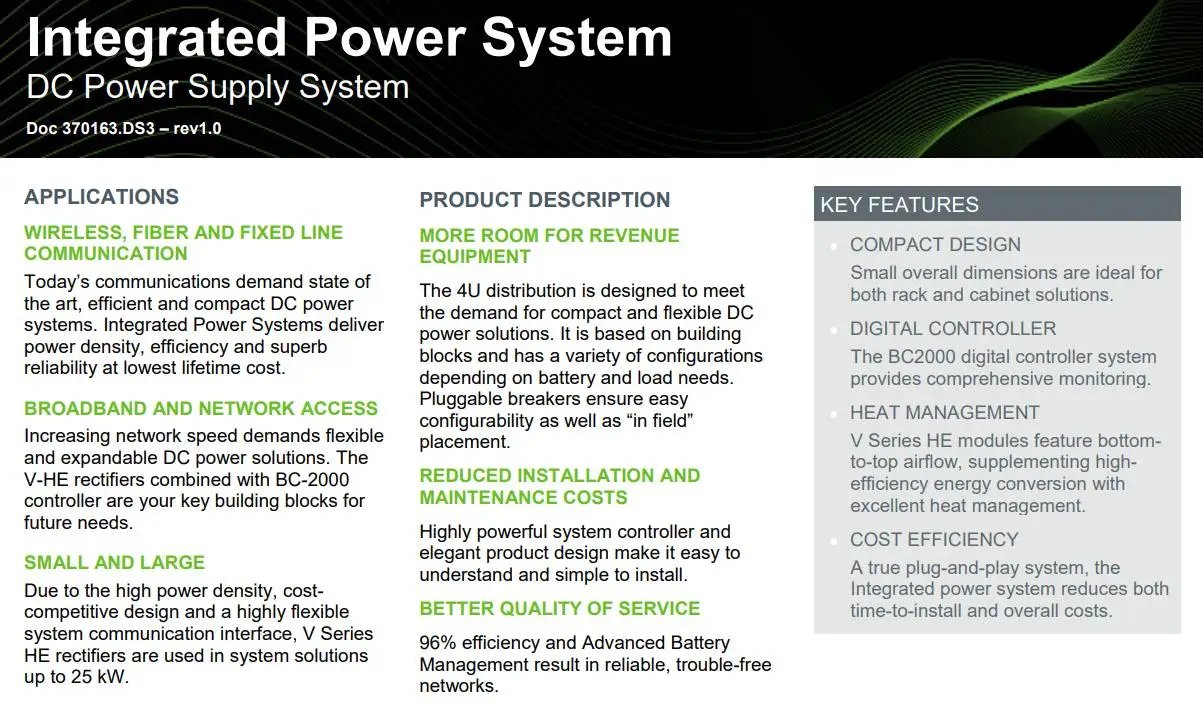 Eltek 19 inch or 23 inch Subrack Power Rack Integrated Power System DC Power Supply System Doc 370163.DS3