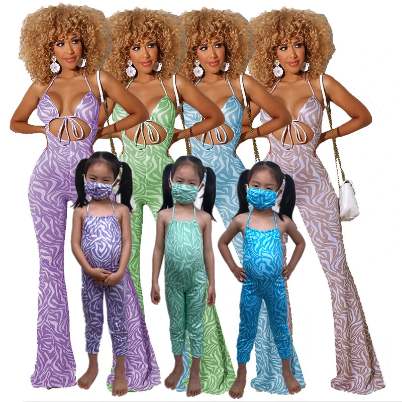 
2021 New Design Mommy and Me Outfits for Women Sexy Backless One Piece Pajama bell bottoms Jumpsuits Spaghetti Strap Clothes 