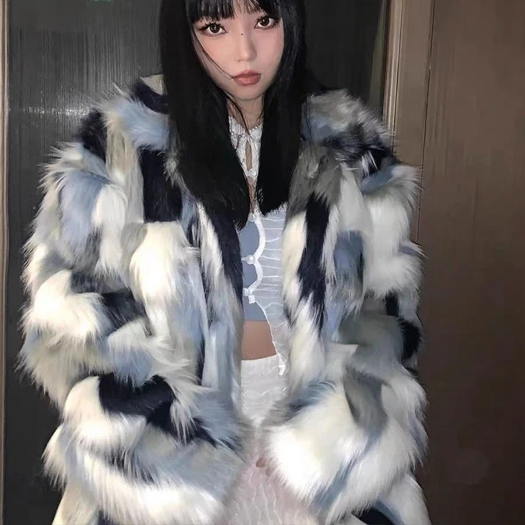 Warm Colorful Hot Sexy Stylish Faux Fox Fur Coat Fall Winter Long-Sleeved Plush Jacket Mixed Color Faux Fur Coat For Women
