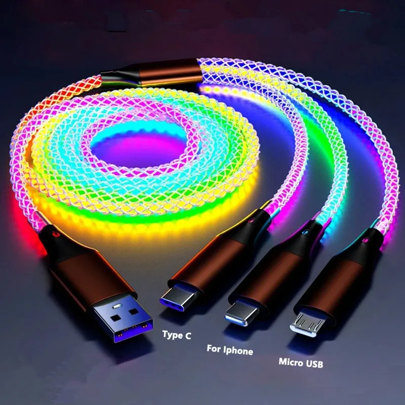 3 in 1 Fast Charging Type C Cable 66W 6A Micro USB RGB Colorful Streamer Glowing Line 8Pin Charger Cable For iPhone For Samsung