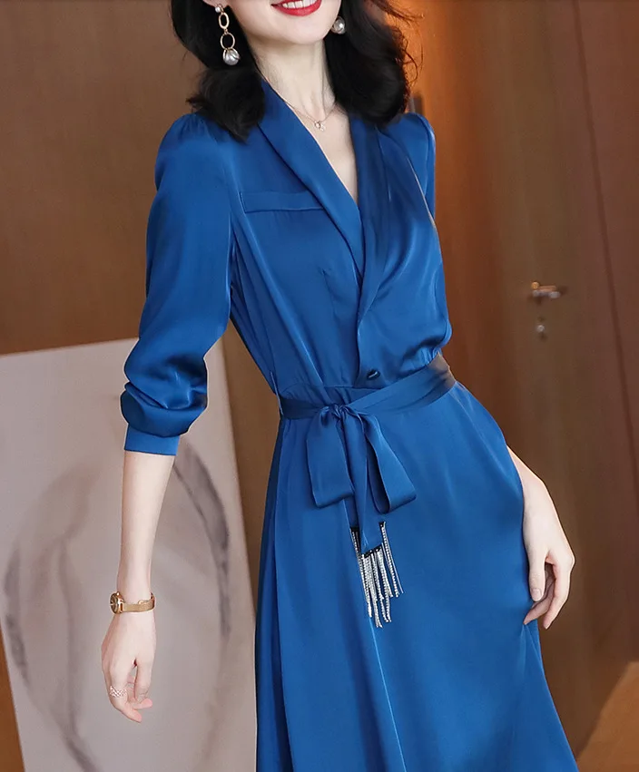 Factory Hot Sale Silk-like Long Sleeve Blazer Dress 2021 Ladies V Neck Satin A Line Notched Collar Office