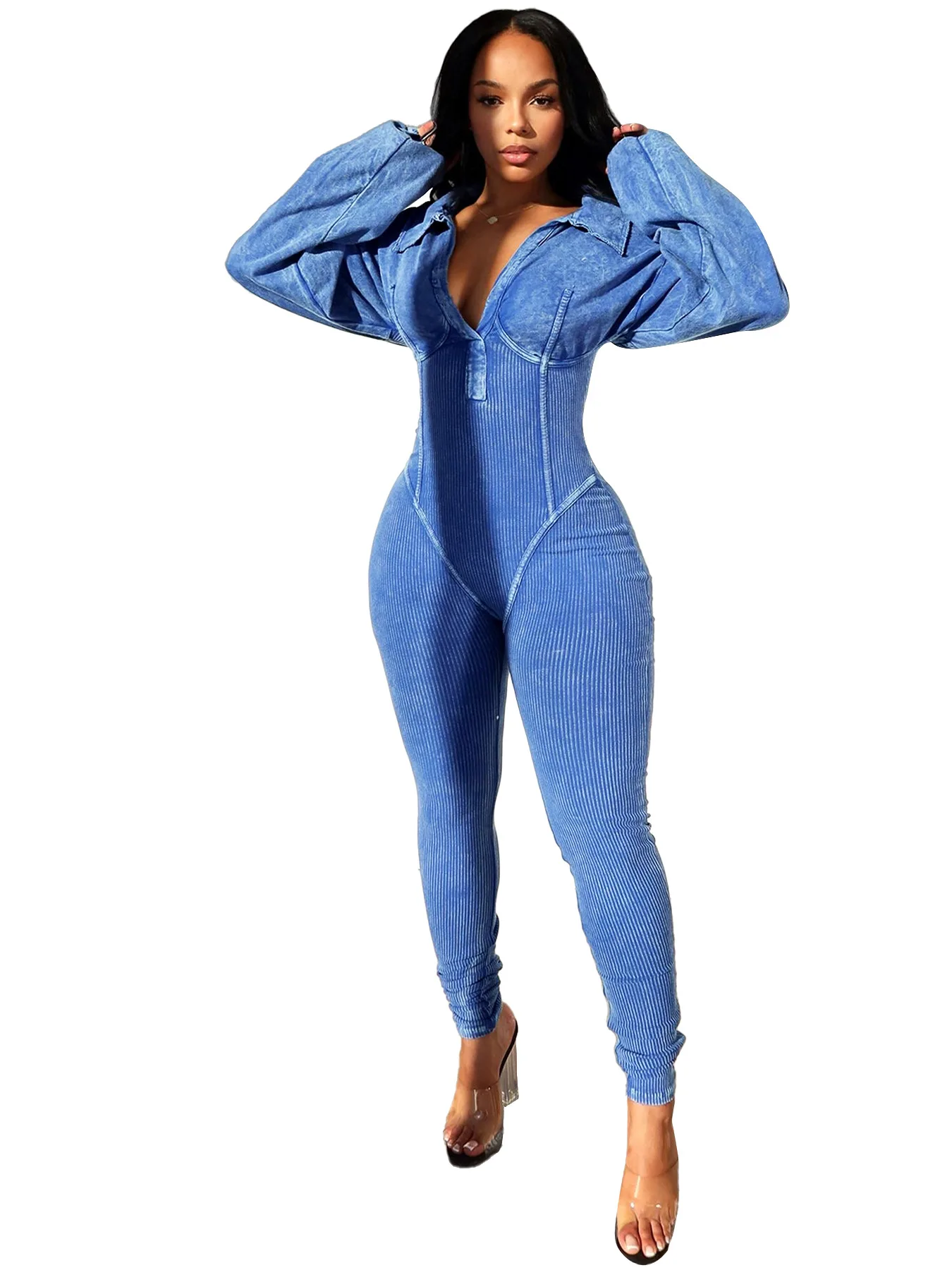 Womens Long Sleeve Jumpsuits One Piece Washed Bodycon Sexy LongJumpsuit Women Clothing 2024 Spring Summer