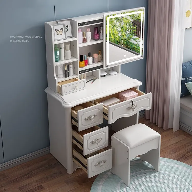 
MDF Cherry Mirrored Dressing Table with LED sliding Mirror 