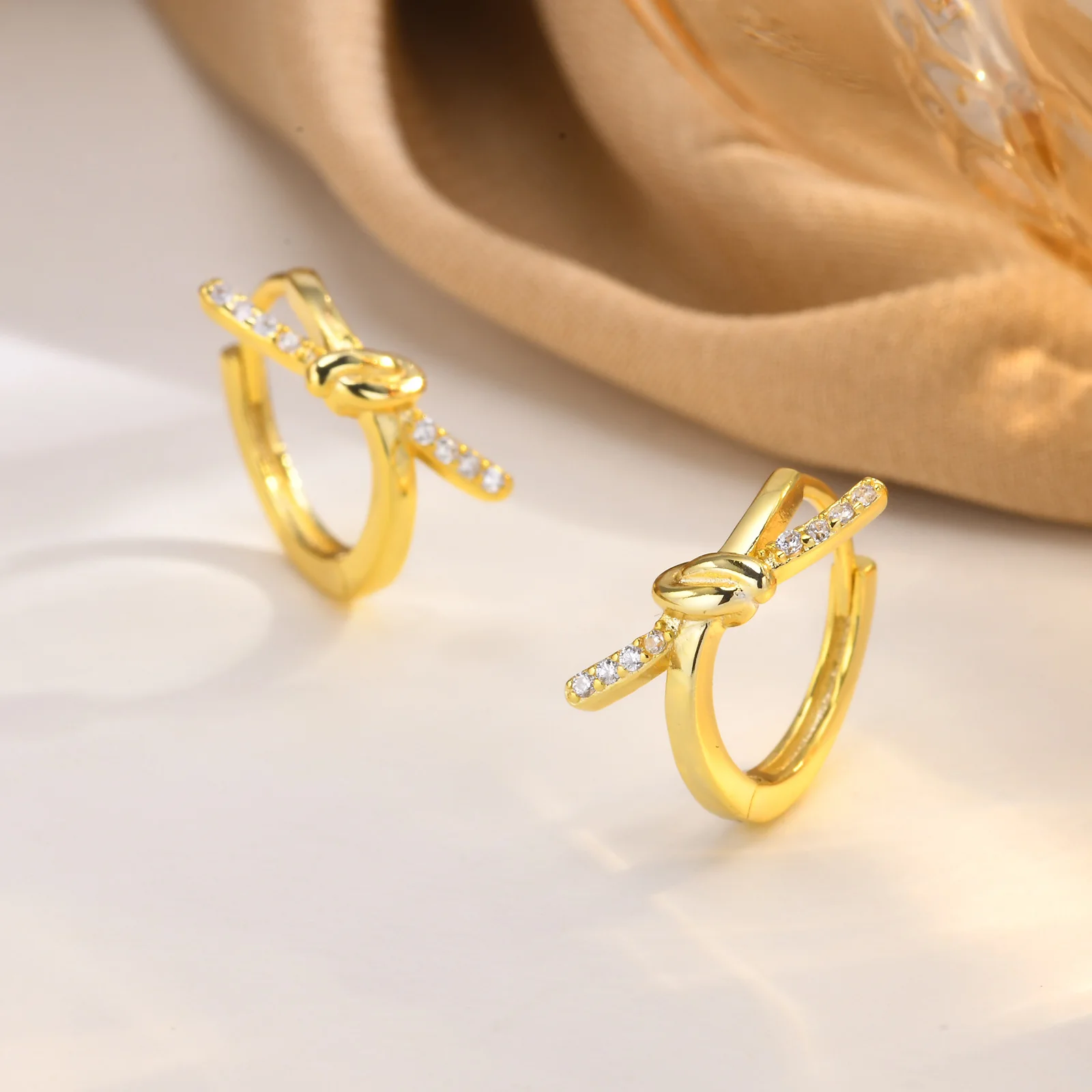 Fashion Hypoallergenic Jewelry Pave Cubic Zirconia Round Huggie Bow Earrings Women
