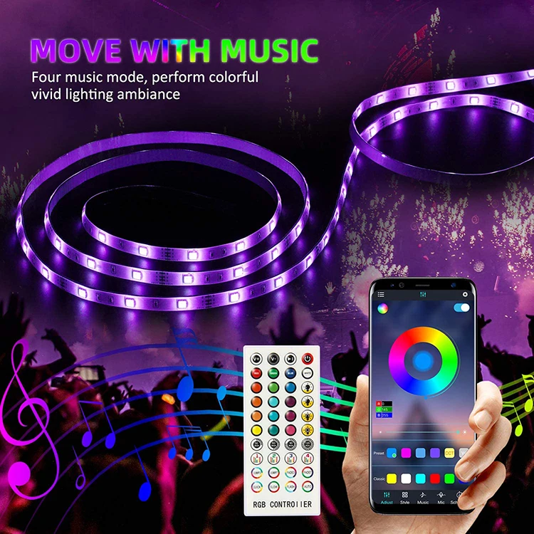  Гибкая лента IP65 водонепроницаемая музыкальная синхронизация BT App Радиочастотный пульт 5 м 10 Светодиодная 5050