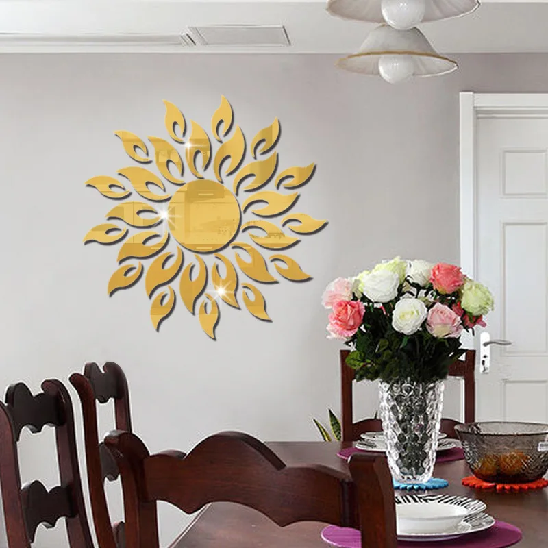 Sunflower totem removable mirror 3D acrylic wall sticker for chess and card room bar church decor wall decal