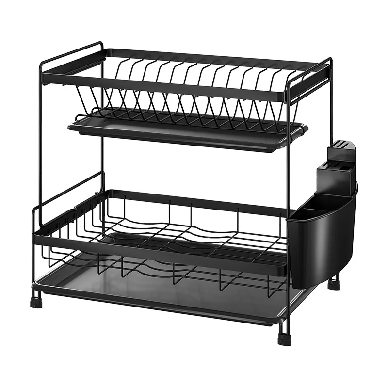 Dish Drying Rack Steel 2-Tier Dish Rack with Utensil Holder Cutting Board Holder and Dish Drainer for Kitchen