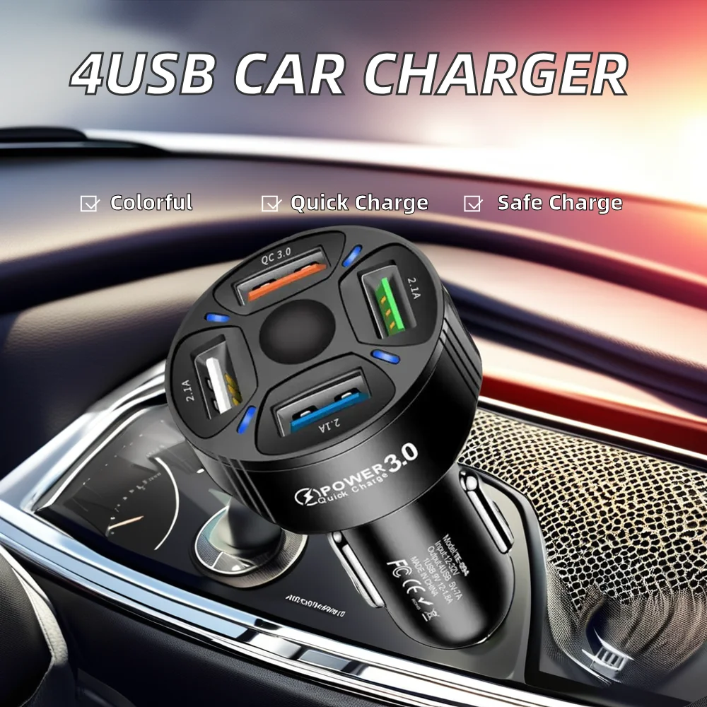 Wholesale 4USB QC3.0 Car Charger Fast Charging Four-port Mobile Phone Adapter with 65W Output Power ABS Electric Type