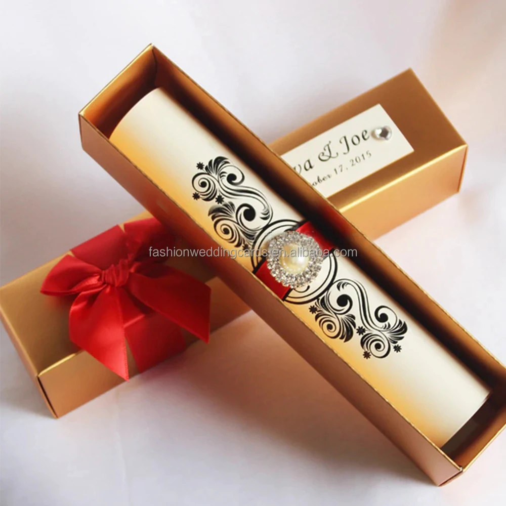 Elegant Artificial Wedding Scroll Invitation Card With Box And Buckle
