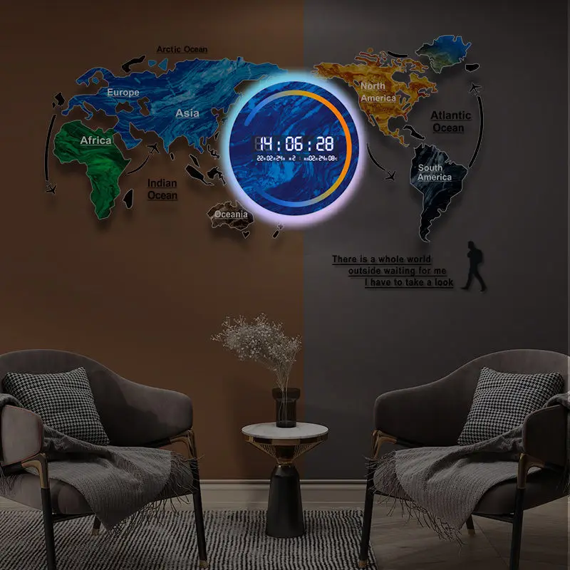Modern World Map Home Wall Decoration Digital Display Calendar Electronic Clock Silent Acrylic Large Screen Clock Wall Hanging