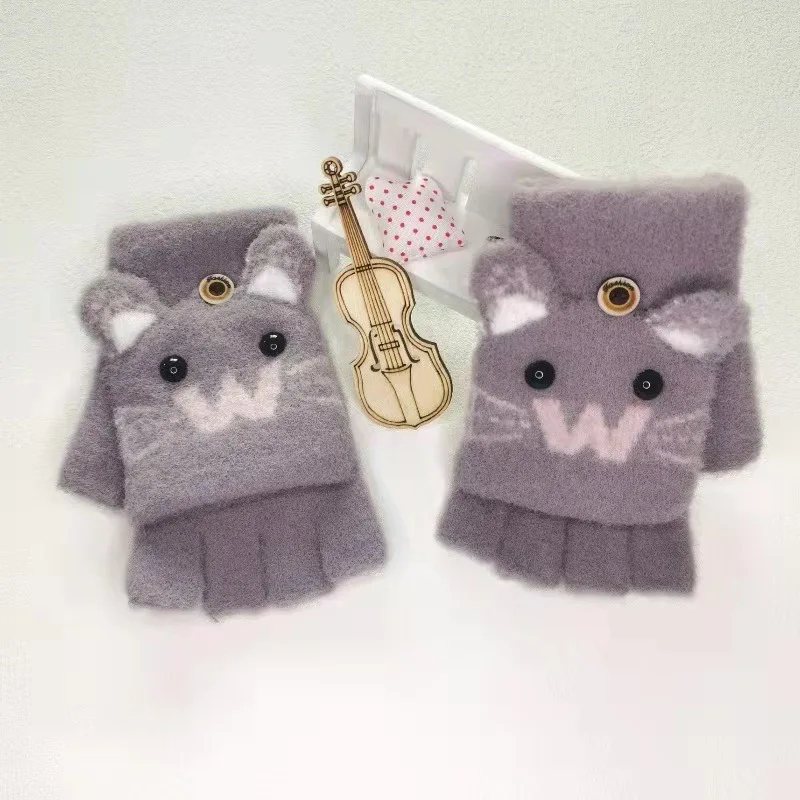 Winter kids Knitted Cute Cartoon gloves  Cat paw Student Warm Half Finger  children Student  Gloves