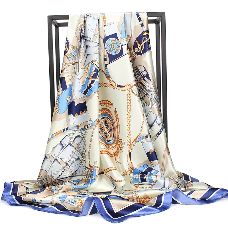 Factory OEM Fashion Foulard Shawl Scarfs Big Size 90*90cm Square Hair Head Scarves Satin Silk Scarf