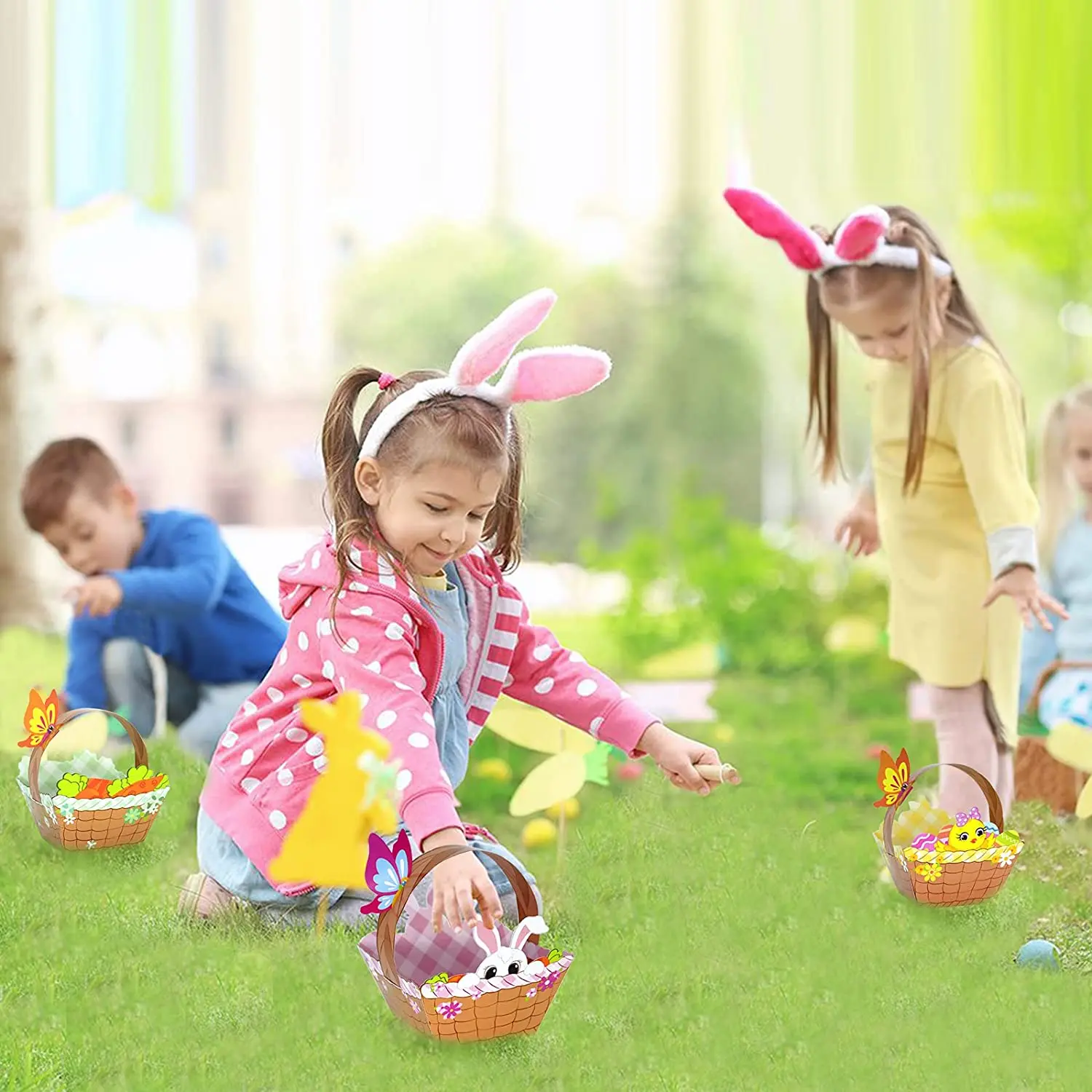 Kids DIY Egg Hunt Bunny Plastic Candy Wrap Gift Box With Handles Cute Bunny Party Decor Mini Paper Easter Basket