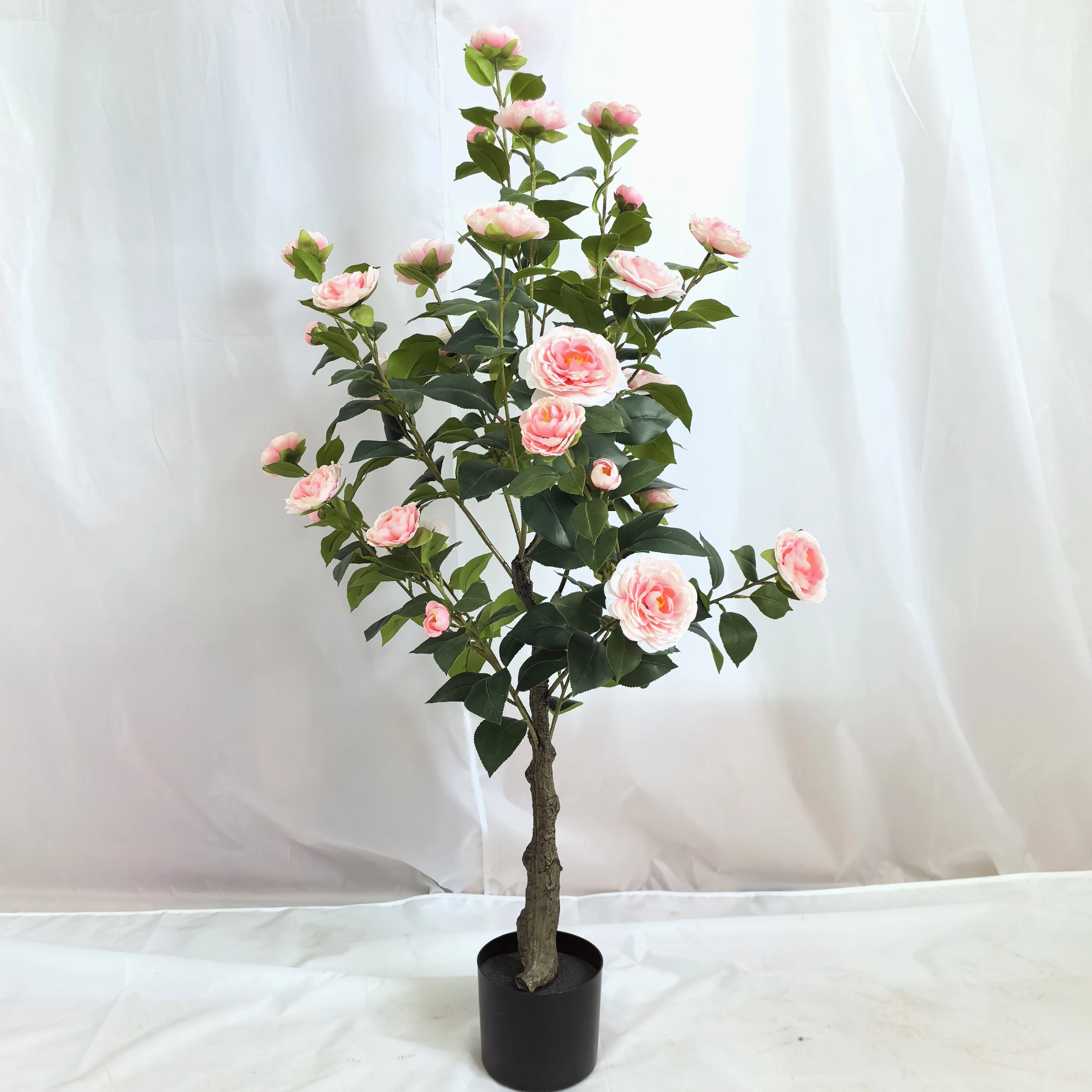 Customized Plastic Bonsai Flower Camellia Green Plant Artificial Rose Tree With Pot for Home Decor