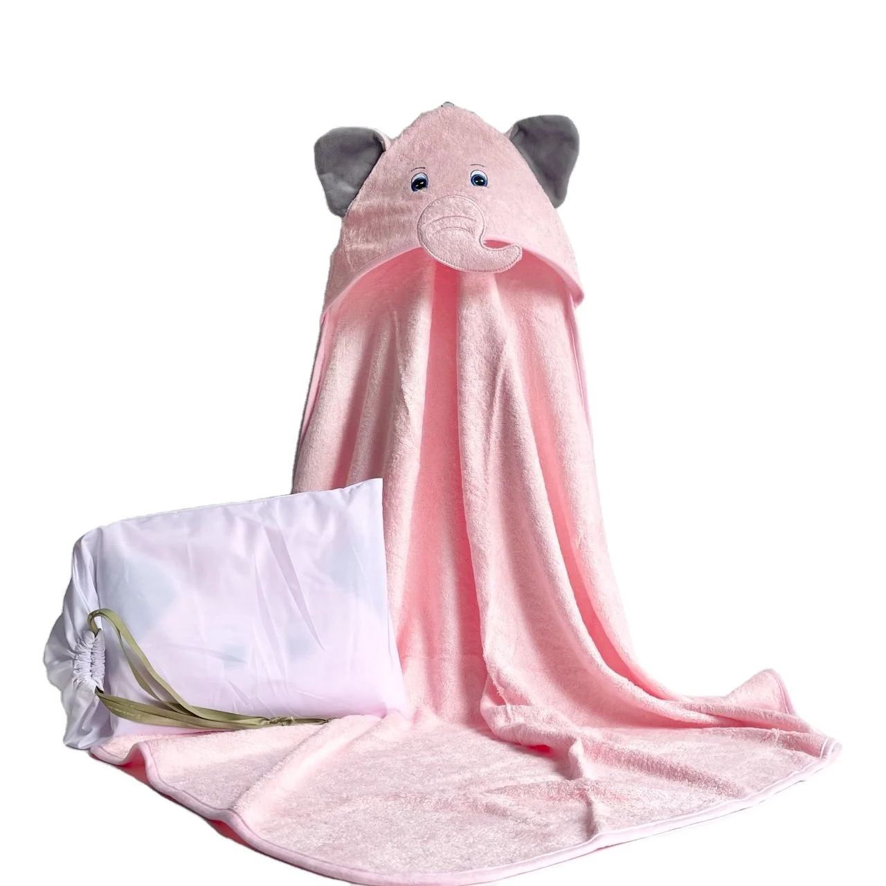 Hot Sale 500GSM Zipper Bag-Packed Super Soft Bamboo Bath Towel Elephant Design Bamboo Hooded Towel For Kid