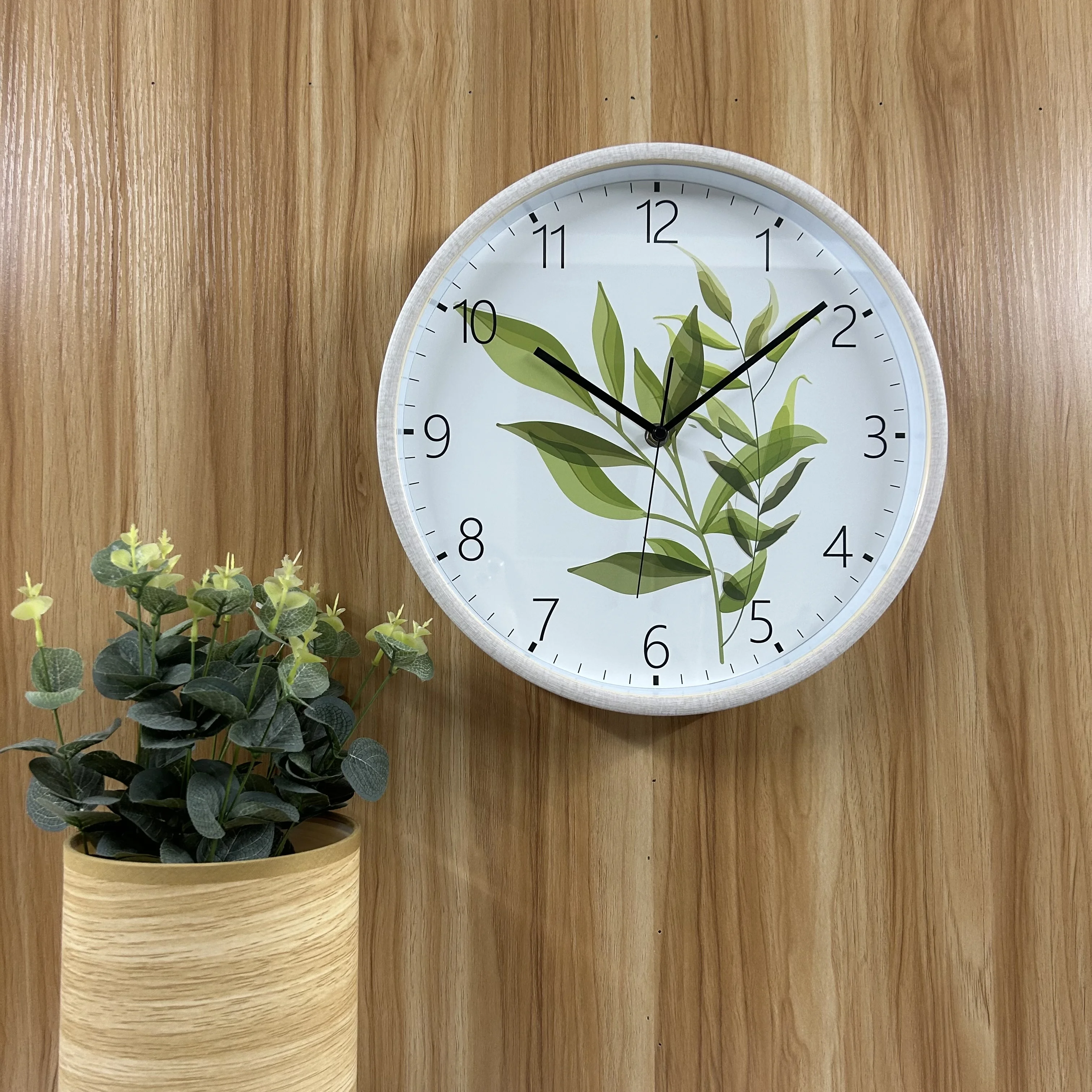2023 modern fashion custom design analog quartz  Imitative wooden cheap plastic wall clock home decor
