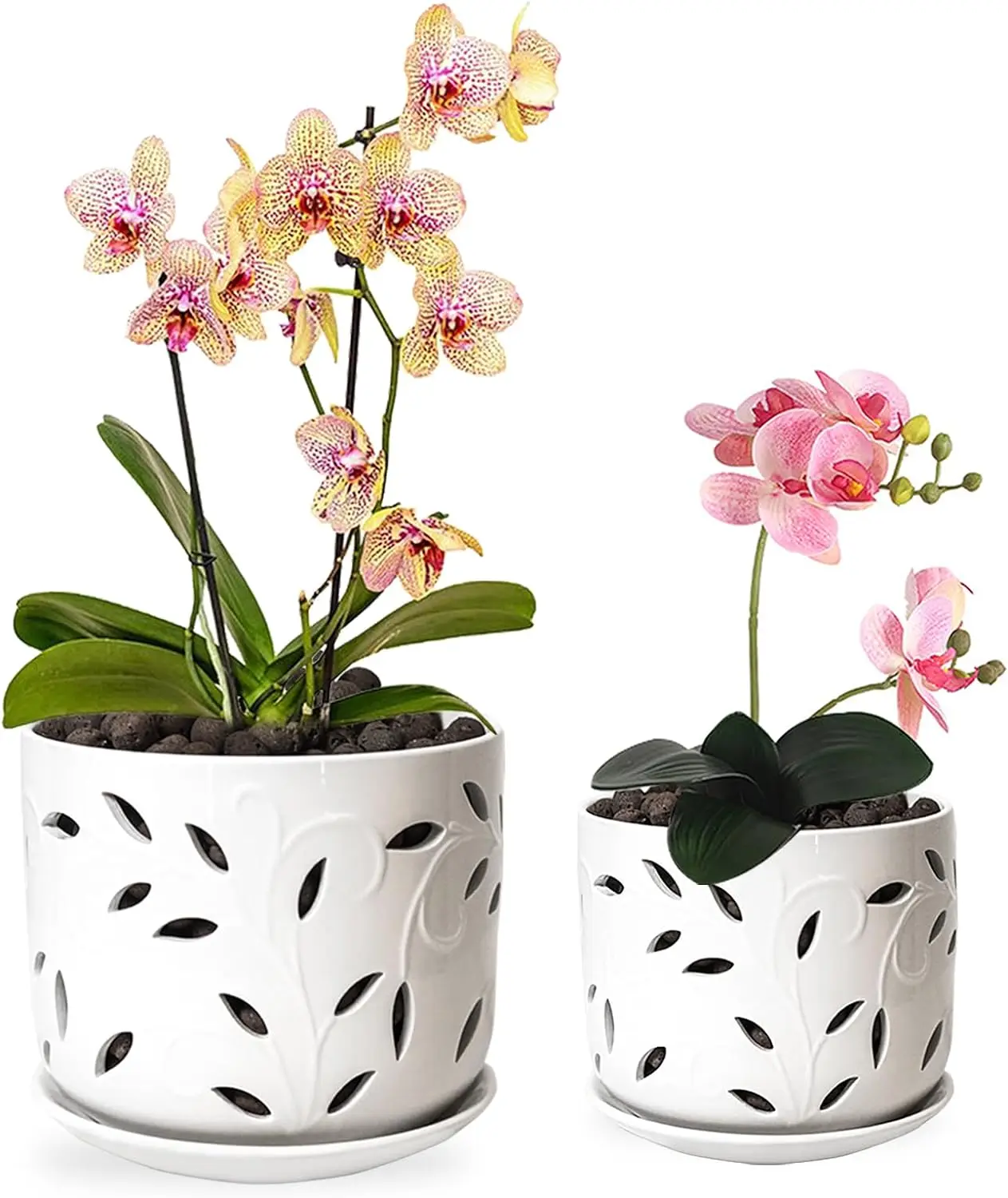 Ceramic Orchid Pot with Drainage Holes and Tray Flower Pot Plants for Healthy Garden and Home Promotes Air Circulation