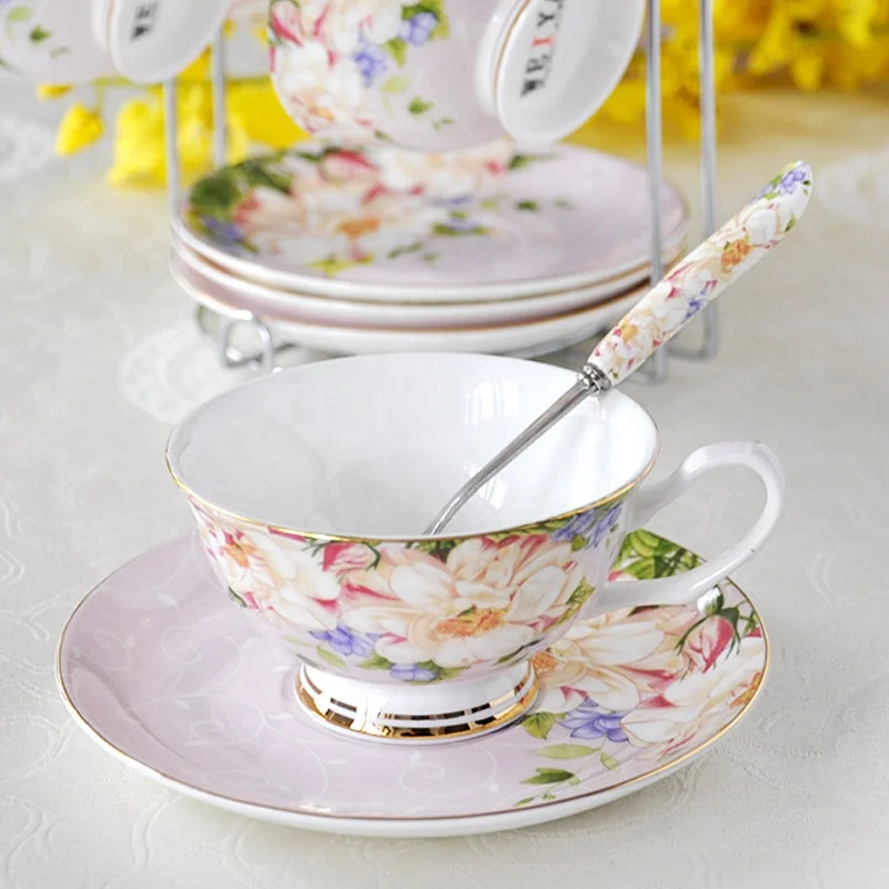 pink color with  flower and gold line  good quality bone china coffee tea set