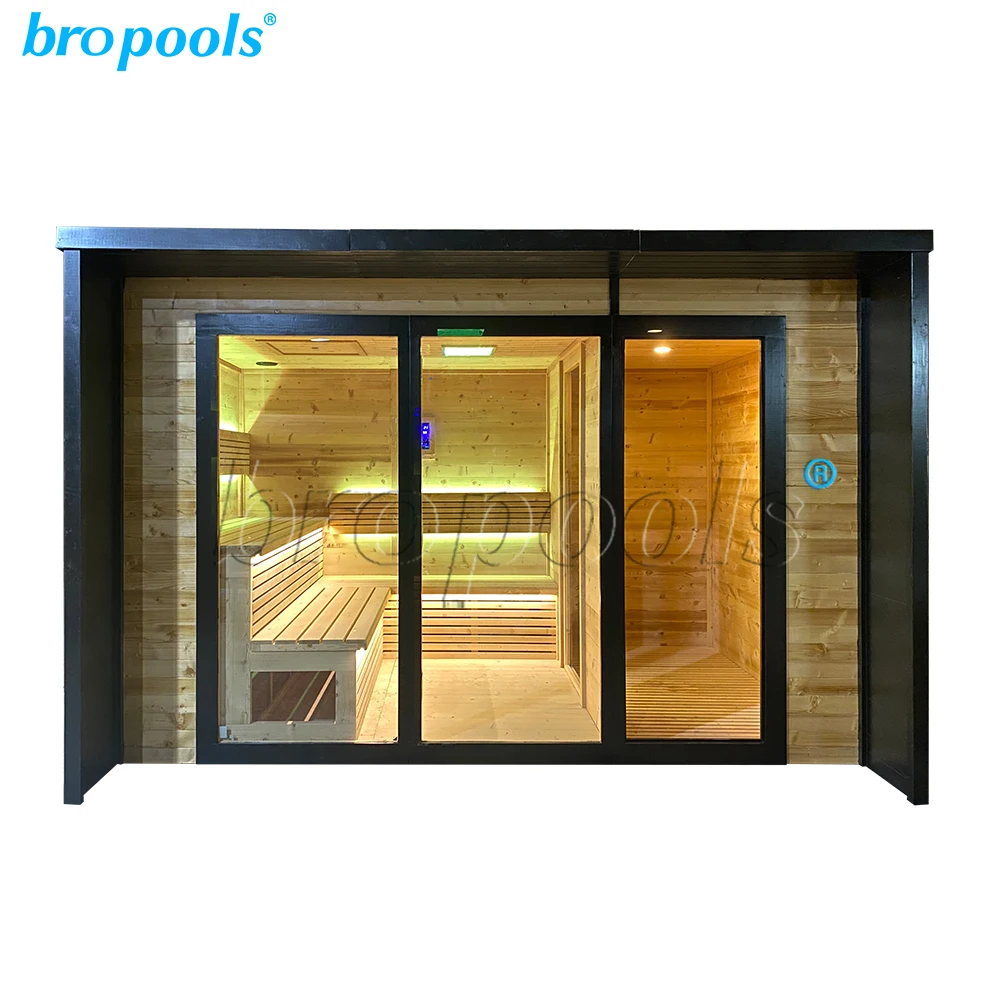 Finland 6kw Solid Wood Outdoor Sauna Room Full Panoramic Glass Window Dry Steam Function Stove Heating 6-8 Persons Garden Use