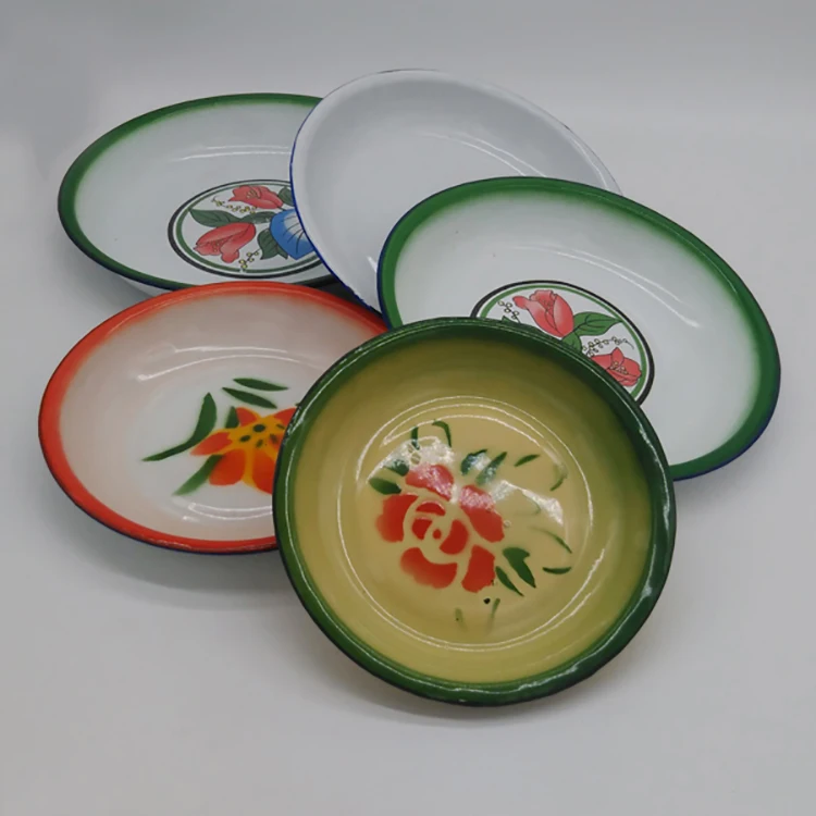 Cheap price African style custom color flower pattern large size tableware metal steel enamel deep rice plate