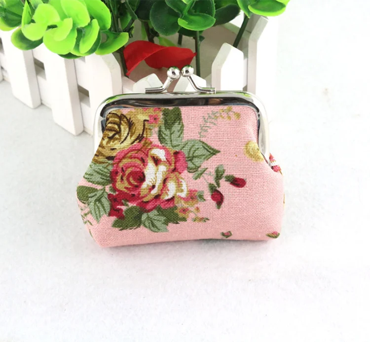 Wholesale custom printed rose mini coin purse canvas fabric buckle coin purse