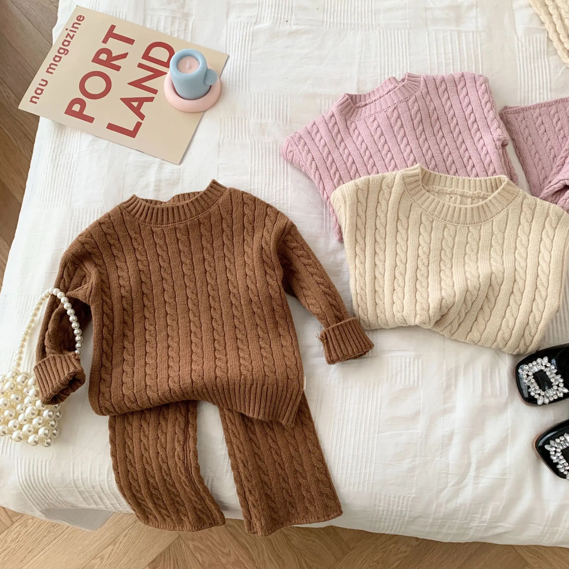 Autumn Winter Newborn infant girls clothing outfits solid knitted sweater pants two piece 0-6 years girls Sweater Knitted Sets