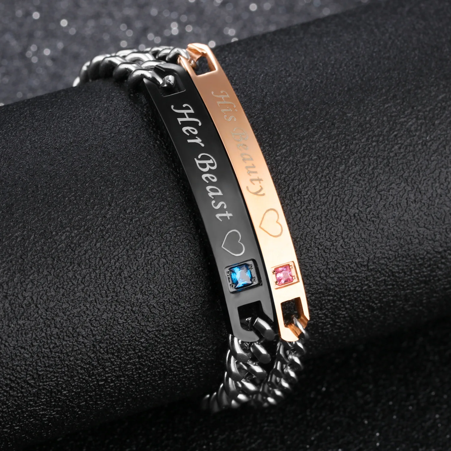Romantic charm crystal inlaid chain engraved rose gold stainless steel couple bracelet