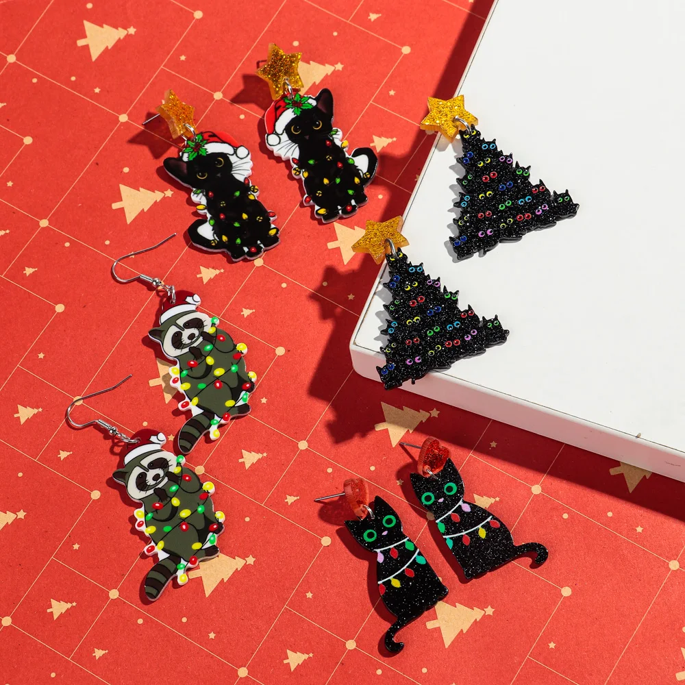 High Quality Customized Christmas Tree Earring Santa Claus Animals Cat Acrylic Earrings For Men Women