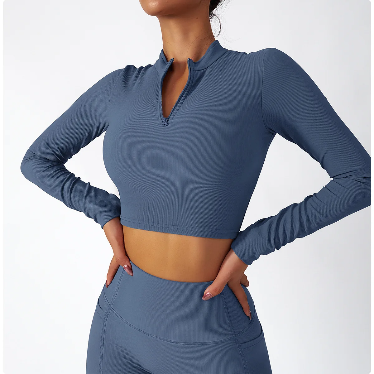 YHT NEW Zip Long Sleeve Yoga Set For Women Training Fitness Wear Tight Running Sports Workout Suit