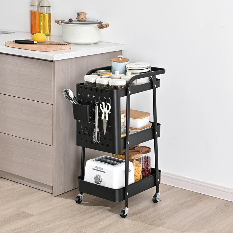 Bedroom Classroom Office 3 Tier Utility Trolley Kitchen Storage Rolling Rack Storage Cart With DIY Pegboard