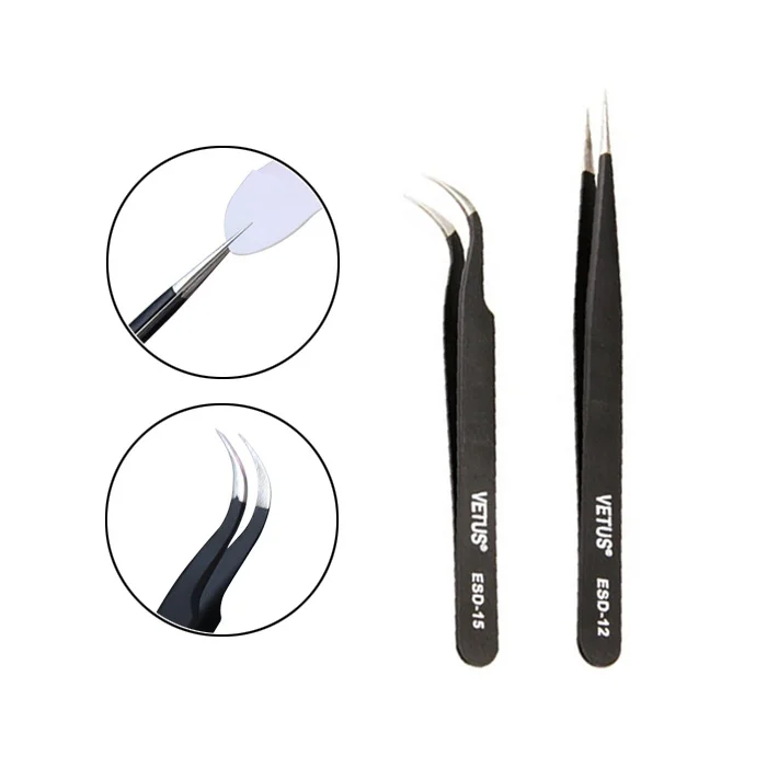 Professional VETUS Stainless Steel Tweezers for Eyelash Extension Straight and Curved Pointed Tweezers