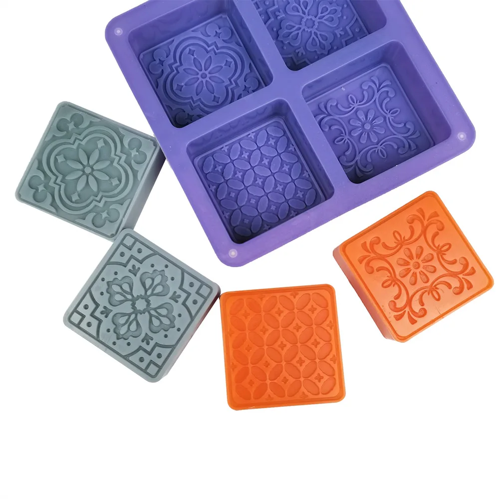 DIY Home Non Stick Mooncake Cake Chocolate Molds 4 cavity   Thicker Flower Pattern Square Silicone Mold for Soap Making