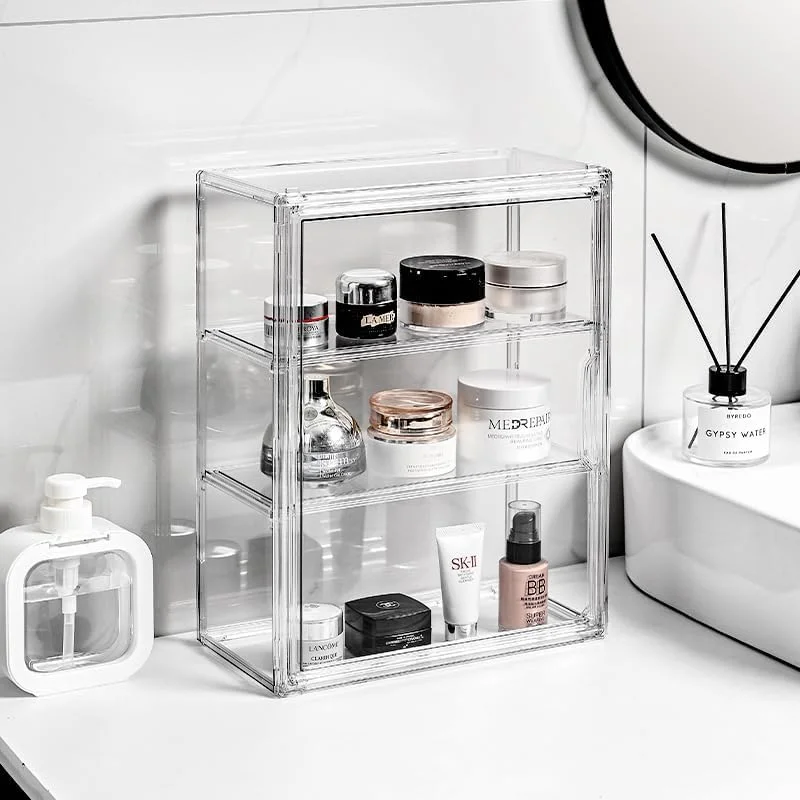 Акриловая 3-ярусная Косметическая прозрачная витрина акриловая органайзер для хранения с магнитной дверной настенной пылезащитной витриной