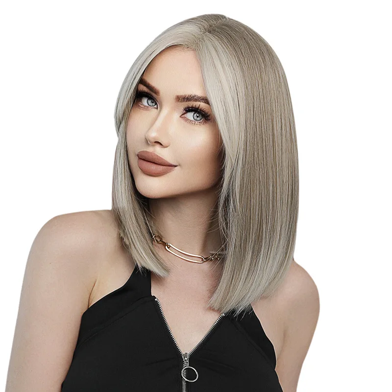 Small T Front Lace Lady Wig Light Gold Side-Swept Bangs Short Straight Hair 16-Inch Medium Length Raw Human Afro Foreign Trade