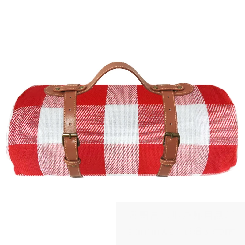 Thickened Acrylic Picnic Blanket Belt Handheld Outdoor Camping Blanket Multiple Classic Striped Plaid Velvet Camping Tent Mat