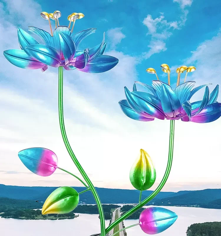 Hourpark Patio Garden Stake Iron Windmill Outdoor Metal Garden Decoration 3D Solar LED Wind Spinners